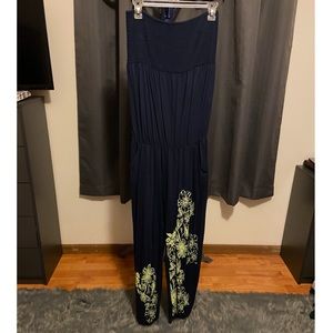 Navy blue strapless jumpsuit with flowers